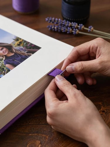 Macro shot of hands carefully sewing the spine of a custom photo album with thick linen thread, textured amethyst paper edges visible, dried lavender stems resting on a dark wooden table, warm low-key workshop lighting with soft shadows, 35mm lens