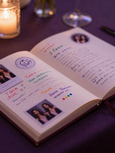 An open guestbook at a wedding reception, filled with photo booth strips, colorful hand-written messages, and custom stickers, warm ambient event lighting