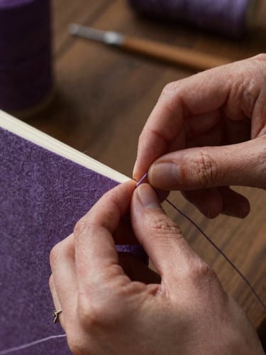 Moody close-up of a woman's hands carefully sewing a book spine with thick linen thread, warm low-key workshop lighting, textured amethyst paper visible, 35mm macro lens.