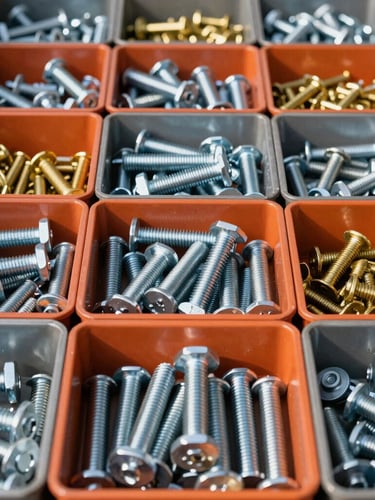 Clean industrial photography, bright natural daylight, straight-on view of organized bins containing heavy-duty steel bolts and brass fasteners, high-contrast steel and orange tones, sharp focus, 35mm.