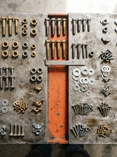 Top-down flat lay of heavy-duty brass and steel fasteners organized on a metal workbench, bright natural daylight mixed with high-key industrial warehouse lighting, sharp focus, 35mm.