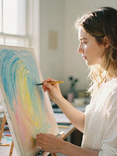 Becky Costenbader in her sunny California studio, holding a pastel-drenched canvas, soft golden hour lighting, 35mm film aesthetic