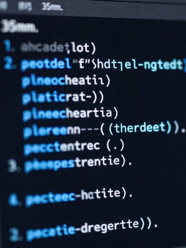 Macro close-up of a dark IDE code interface with electric blue syntax highlighting, sharp focus, cool-toned studio lighting, 35mm
