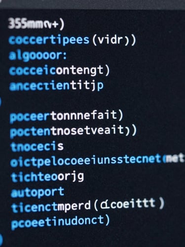 Macro close-up of clean IDE code interface with electric blue syntax highlighting on a dark screen, sharp focus, 35mm