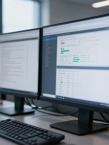 Macro shot of a dual-monitor workstation displaying complex SQL databases and SLA tracking dashboards, cool office daylight, slate gray tones, sharp focus