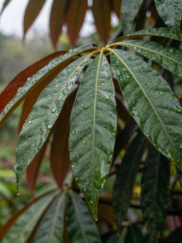 Close-up of endemic Madagascan plant leaves with rich forest green tones and rain droplets, shallow depth of field, natural overcast daylight, 35mm
