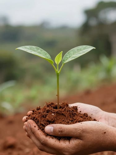 Close-up of a young endemic Madagascan seedling planted in rich red clay soil, held by local agricultural hands, soft overcast daylight, shallow depth of field, 35mm.