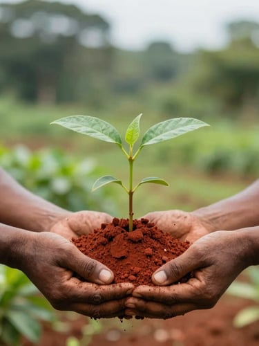 Hands of local agricultural staff handling rich red Madagascan soil around a native seedling, soft overcast daylight, shallow depth of field, 35mm