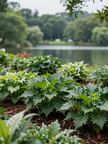 Eye-level medium shot of lush green nursery beds at Le Jardin du Lac under soft overcast daylight, rich forest green foliage, 35mm