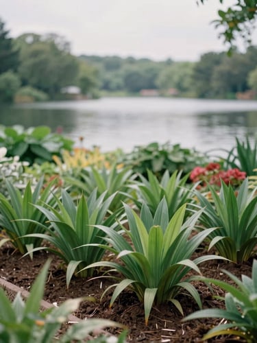 Eye-level medium shot of lush green nursery beds at Le Jardin du Lac under soft overcast daylight, with the calm lake water visible in the background, 35mm