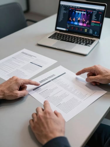 Tight shot of two hands pointing at a printed campaign brief spread across a minimal conference table, a laptop open to a performance dashboard glowing in the background, cool studio lighting, sharp focus on the documents