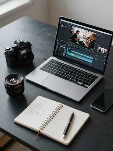 Overhead medium shot of a creator's minimal desk setup — a mirrorless camera, open laptop showing a video editing timeline, notepad with shot-list notes, cool north-facing daylight, clean dark surface, no clutter