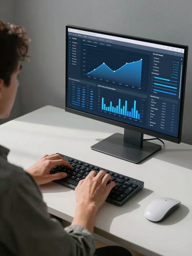 Medium shot from behind a creator seated at a clean minimal desk, hands hovering over a keyboard, a large monitor displaying a data analytics dashboard with cool blue graphs, soft studio lighting from the left casting clean shadows across the matte desk surface