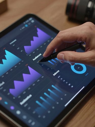 Close-up of hands scrolling through a creator analytics dashboard on a dark-mode tablet, audience demographic charts visible in electric blue and purple, cool studio strobe lighting, tight framing on fingers and screen edge