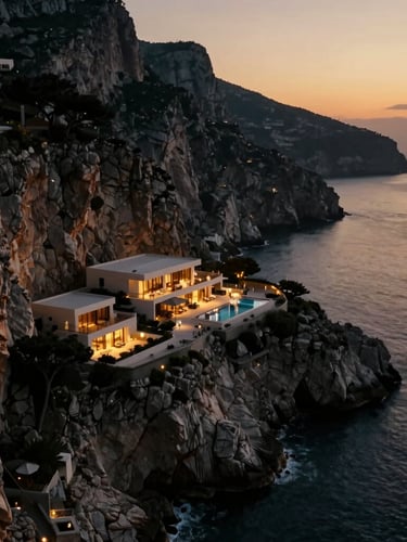 Aerial cinematic view of a secluded luxury resort on a rocky Mediterranean cliffside at dusk, soft golden lights reflecting in the sea, deep shadows, 35mm lens