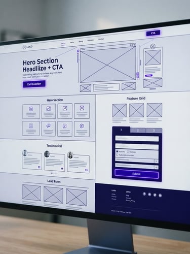 High-fidelity abstract UI/UX wireframe on a clean screen, displaying a modern lead generation layout with deep indigo and electric purple accents, crisp studio lighting, 35mm