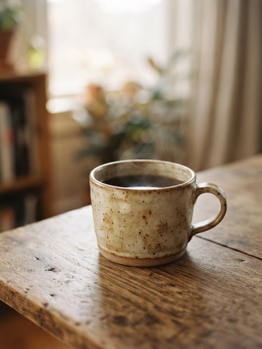 Close-up of a warm wooden table with soft morning sunlight casting gentle shadows, a ceramic cup, blurred background, 35mm editorial photography