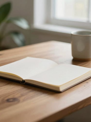 Close-up of a warm wooden desk with a neat notebook and a ceramic mug, soft green leaves of a plant in the background, diffused natural window light, tranquil clinical environment.