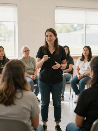 Medium shot of Tressa Pankovits speaking with local parents in a sunlit community center, candid and warm interaction, natural daylight, 35mm lens.