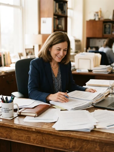 Environmental portrait of Tressa Pankovits at a wooden desk with policy documents, warm natural light from a side window, soft realistic tones, 35mm lens