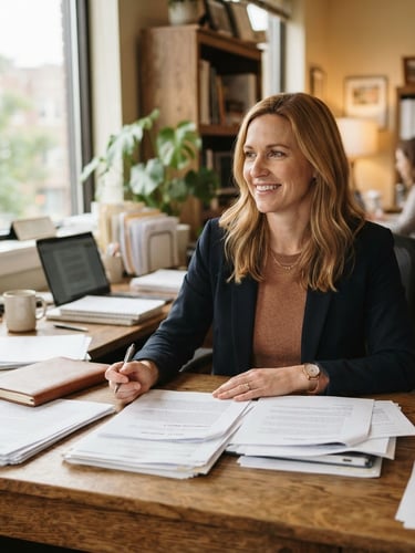 A professional, warm environmental portrait of Tressa Pankovits at a wooden desk with policy documents, natural daylight from a side window, soft realistic tones, 35mm lens