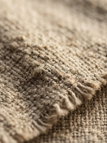 Tight macro shot of heavy-gauge oatmeal linen weave, deep soft shadows from low-angle afternoon window light, tactile raw edges