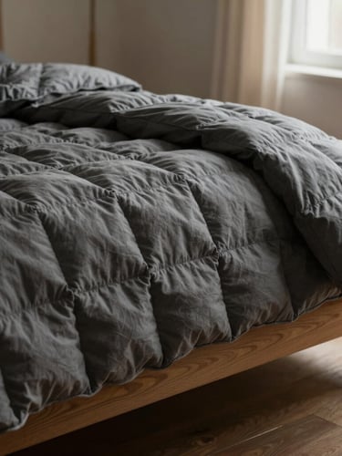 A heavy-gauge charcoal gray quilt draped over a low-slung oak bed, deep shadows emphasizing the thick quilted texture under soft afternoon window light.
