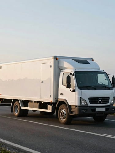 Wide cinematic shot of a clean, unmarked white transport rig driving along a quiet scenic coastal highway under soft morning light.