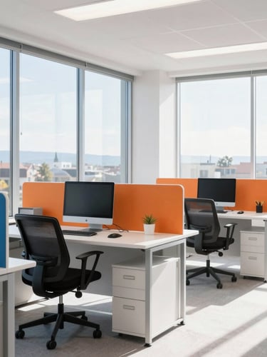 A bright high-key commercial photograph of a modern clean office environment in Idaho, soft daylight streaming through large windows, professional workspace, sharp focus, 35mm