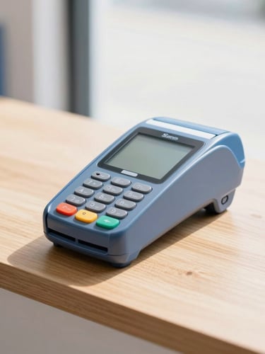 A bright modern payment terminal on a clean wooden counter, high-key natural daylight, sharp focus, 35mm