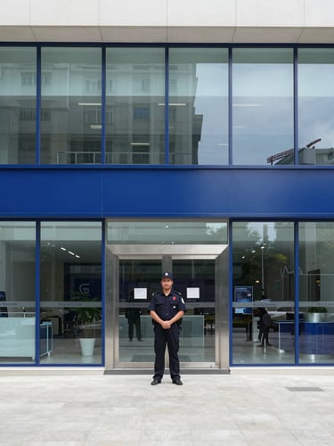 Wide shot of a modern bank lobby with a large glass facade, a security guard in the foreground, bright neutral daylight, deep blue and white tones, sharp focus, 35mm lens.