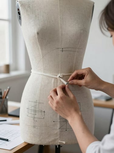 Hands pinning a minimalist charcoal linen pattern onto a dress form in a bright, natural-light studio, technical sketches visible on the work table.