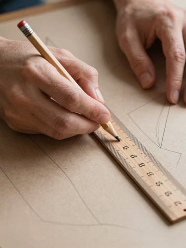 Close-up of hands using a wooden ruler and pencil to draft a sleeve pattern on heavy brown drafting paper, soft diffused side light.