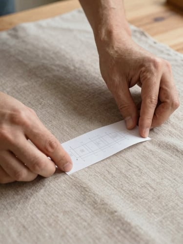 Extreme close-up of hands pinning a custom paper pattern onto a heavy warm taupe linen fabric on a wooden worktable, diffused north-facing daylight.