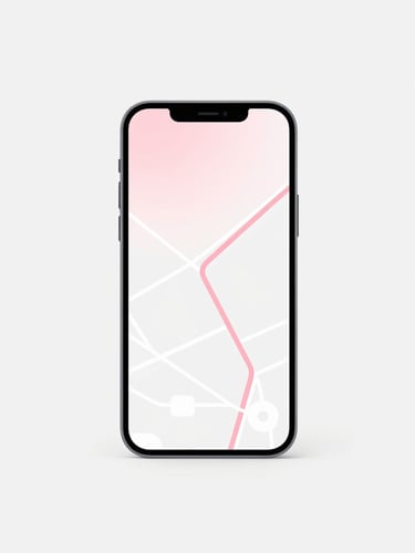 A minimalist tech 3D render of a glowing smartphone displaying a clean delivery route map, soft pink gradient accents, clean white background, studio lighting, premium corporate aesthetic