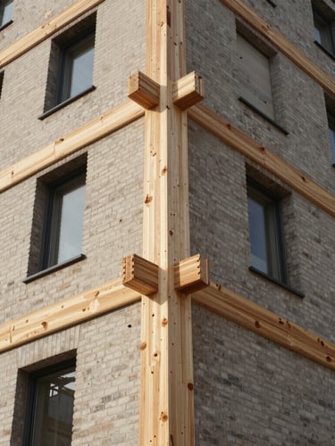 A tall vertical shot of sustainable mass timber joints and precision brickwork on a modern building facade under bright natural light.
