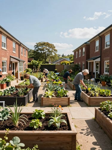 A bright community garden courtyard between brick residential wings, residents tending to raised planter beds under clear afternoon sun.