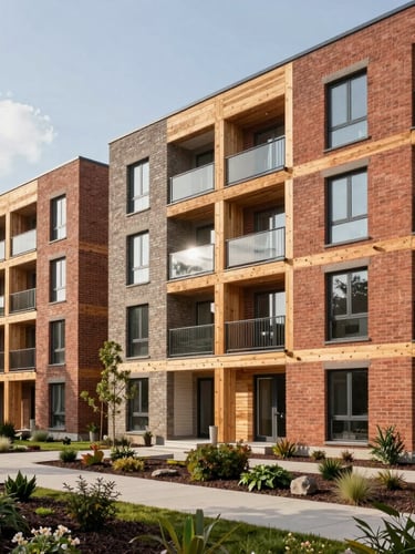 Wide-angle architectural photograph of a modern timber and brick multi-family residential building, bright natural daylight, clean structural lines, native landscaping.