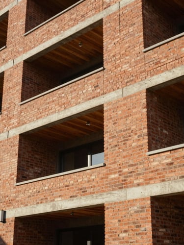 A close-up of sustainable modern brickwork and exposed timber beams of a multi-family building, warm natural daylight casting sharp architectural shadows.