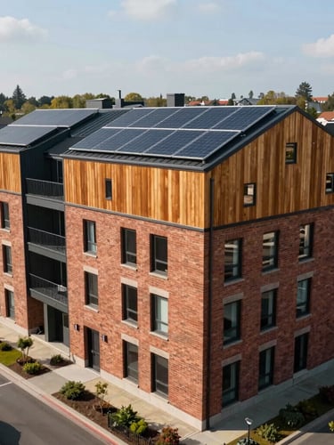 Wide environmental shot of a modern multi-family building with warm brick and timber accents, solar panels on the roof, bright natural daylight, neighborhood street visible in the background.