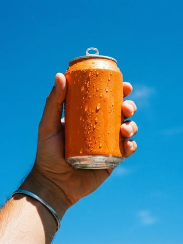 A striking low-angle portrait of a cold, condensation-dripping can of orange soda held high against a clear blue sky, direct harsh sunlight with sharp shadows.