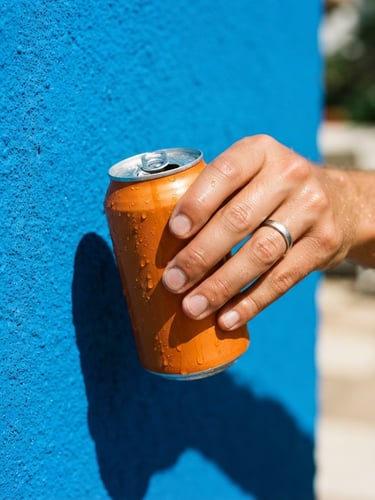 A close-up portrait of a hand lifting a condensation-dripping orange can of Ricky's Hard Soda against a vibrant electric blue wall, direct harsh sunlight, sharp high-contrast shadow, 35mm film aesthetic.