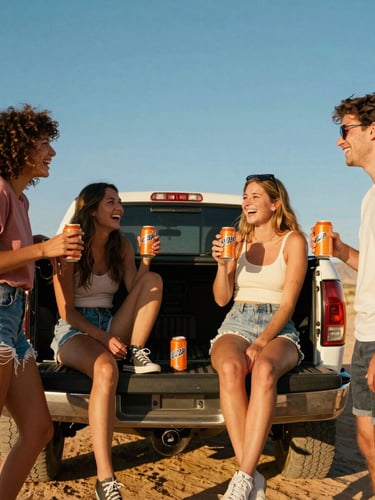 Low-angle lifestyle shot of friends laughing around a pickup truck tailgate in the Utah desert at golden hour, holding vibrant orange cans of soda, direct warm sunlight.