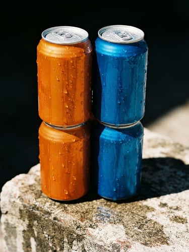 Dynamic close-up of condensation-dripping orange and blue soda cans stacked on a concrete block in direct, harsh afternoon sunlight, casting sharp dramatic shadows.