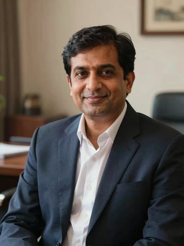 Professional, warm portrait of a Pakistani consultant, smiling gently, in a well-appointed, softly lit office, warm editorial photography, soft natural daylight, rich deep tones, shallow depth of field.