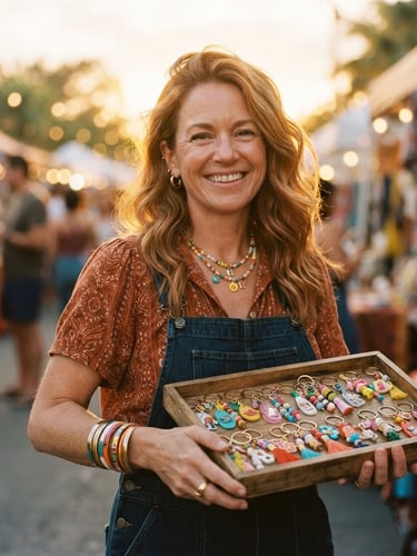 A warm editorial portrait of Jen, a smiling woman with colorful retro accessories, holding a tray of vibrant keychains under soft golden-hour sunlight, 35mm film look.