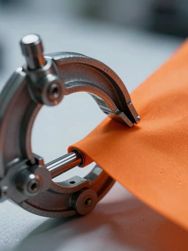 Macro close-up of a high-intensity metal laboratory clamp holding a technical neon orange fabric under extreme tension, sharp shadows, cool white light.