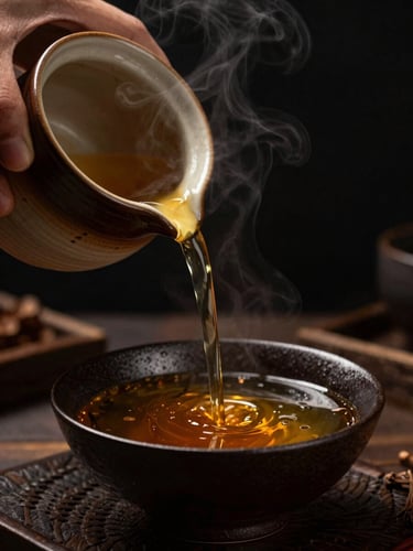 Hands pouring a delicate, steaming amber broth from a ceramic vessel into a dark, textured bowl, moody food photography, dramatic low-key side lighting, warm golden accents, rich dark tones, shallow depth of field, 50mm lens