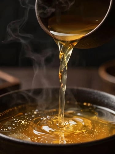 Macro close-up of hands pouring a delicate, steaming golden broth into a dark ceramic bowl, moody food photography, dramatic low-key side lighting, warm golden accents, rich dark tones, shallow depth of field, 50mm lens