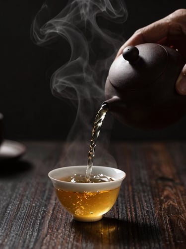 A hand pouring a delicate golden ginger-infused tea from a dark ceramic teapot into a small matching cup, warm steam rising, dramatic low-key side lighting, dark background, 50mm lens